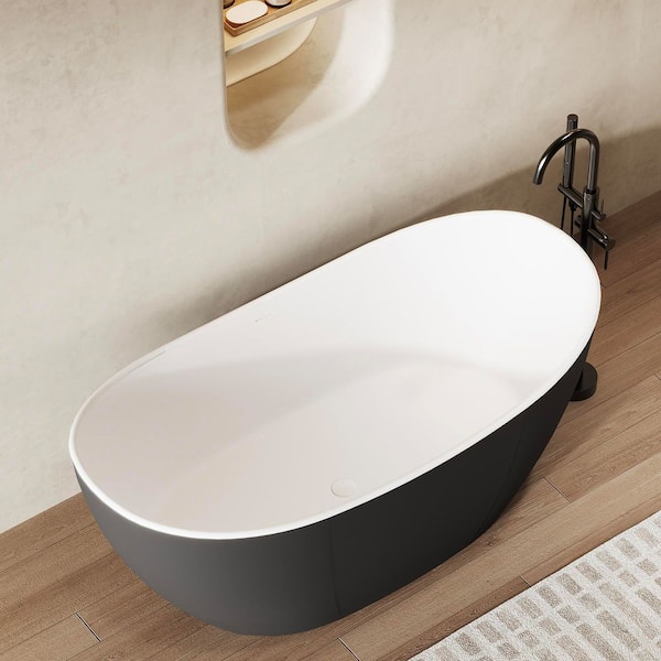 59 in. x 29 in. Solid Surface Flatbottom Freestanding Soaking Bathtub in Black and White