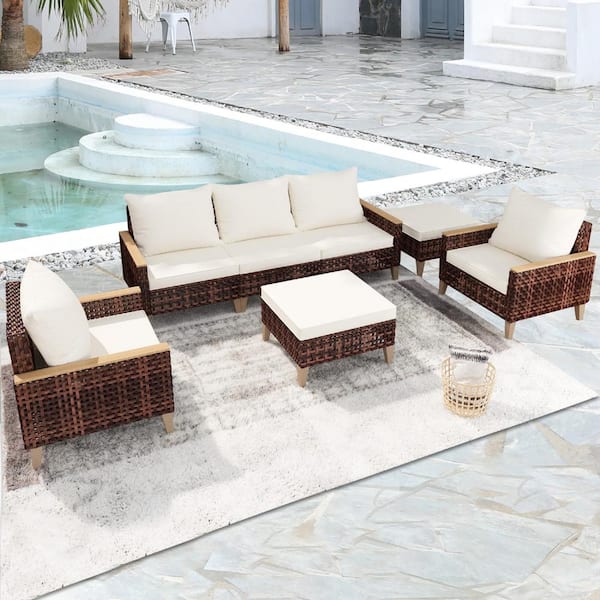 Sudzendf 7-Piece Brown PE Rattan Wicker Outdoor Sectional Sofa Set with White Cushions and Ottomans for Pool, Patio, Backyard