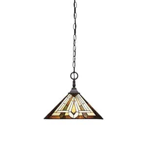 Kingston 14 in. 1-Light Dark Granite Chain Pendant Light with 14 in. Tahoe Art Glass Shade, no bulb included