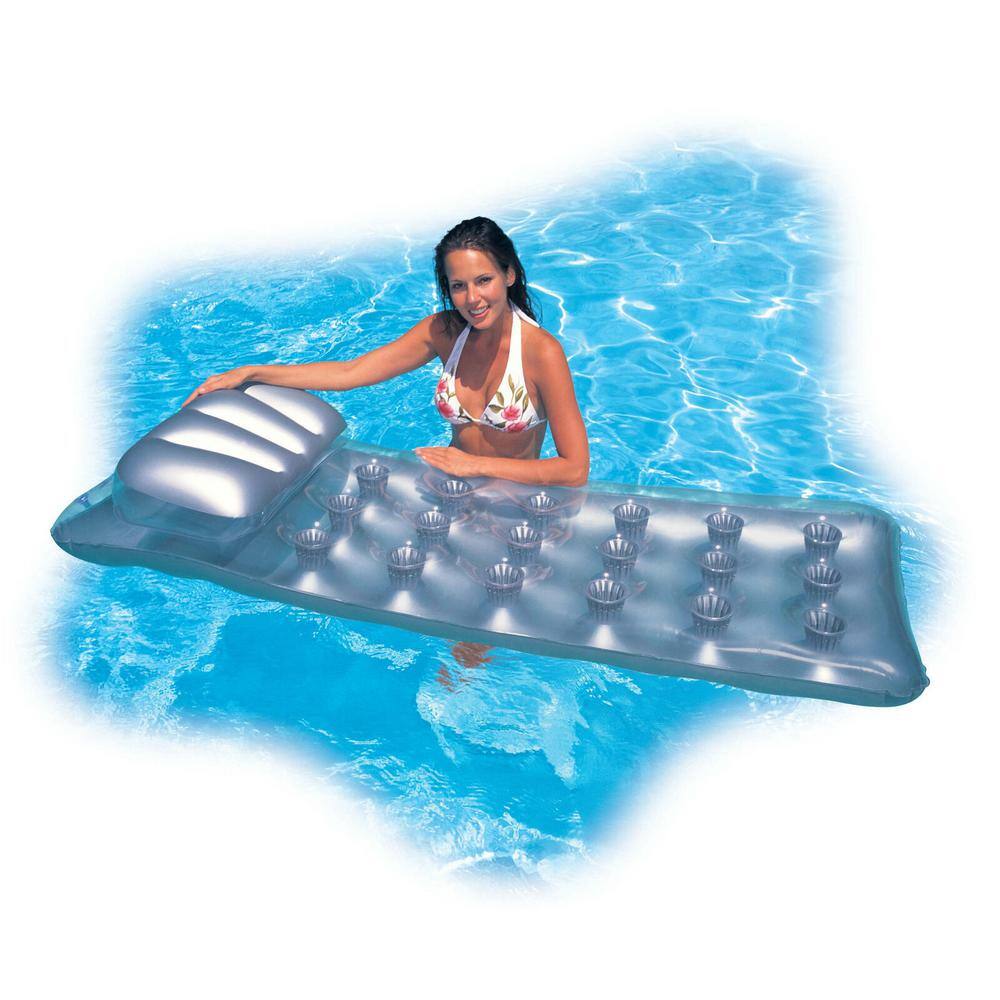 Silver Inflatable 18-Pocket Suntanner Pool Lounger with Headrest