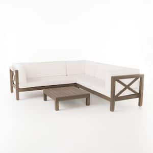 Brava Gray 4-Piece Wood Outdoor Sectional Set with White Cushions