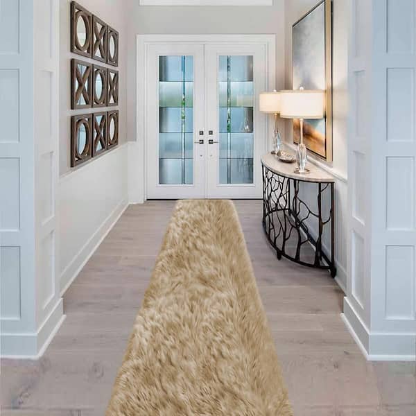 Faux Sheepskin Fur Furry Beige 2 ft. x 10 ft. Fuzzy Cozy Area Rug Runner Rug