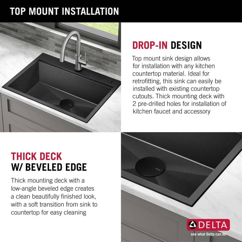 Delta Rivet 30" Black Stainless Steel Drop-In Workstation Kitchen Sink