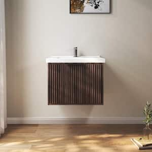 VLeaf 24 in. W x 19 in. D x 19 in. H Single Sink Wall Hung Bath Vanity Cabinet in Dark Walnut with White Ceramic Top