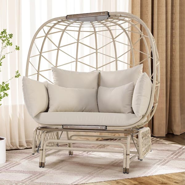 FINCATI 2-Person Glider Beige Wicker Patio Outdoor Lounge Egg Chair with Beige Cushion