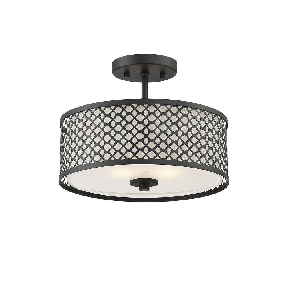 Matte Black Drum Semi-Flush Mount Ceiling Light with Glass Diffuser