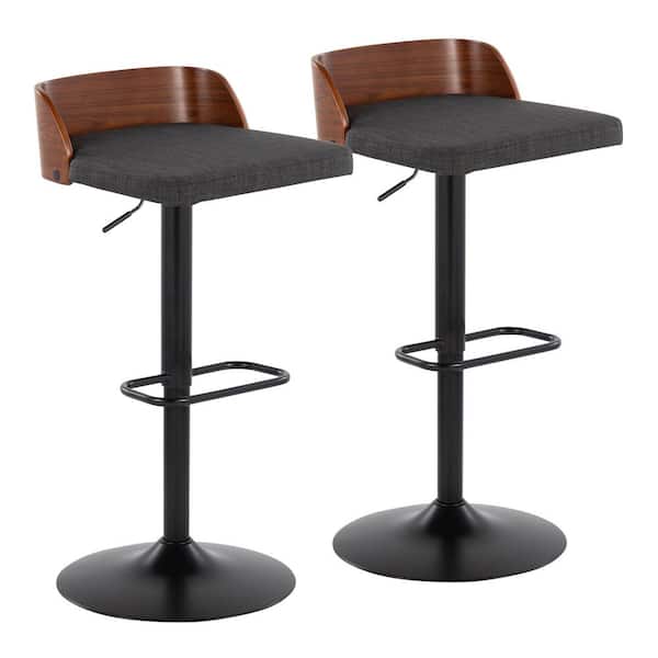 Lumisource Maya 31 in. Charcoal Fabric, Walnut Wood and Black Metal Adjustable Bar Stool (Set of 2)
