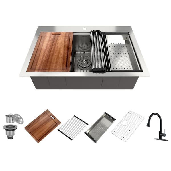Boyel Living 33 in. Drop-In Single Bowl Stainless Steel Kitchen Sink with Faucet, Colander, Cutting Board, Rolling Drying Rack, Drain
