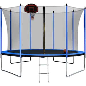 10 ft. Outdoor Blue Trampoline with Basketball Hoop Inflator and Ladder