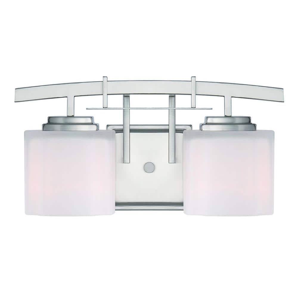 Hampton Bay Architecture 2 Light Brushed Nickel Vanity Light With Etched White Glass Shades 15039 The Home Depot