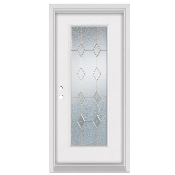 Stanley Doors 32 in. x 80 in. Geometric Right-Hand Brass Finished Fiberglass Mahogany Woodgrain Prehung Front Door