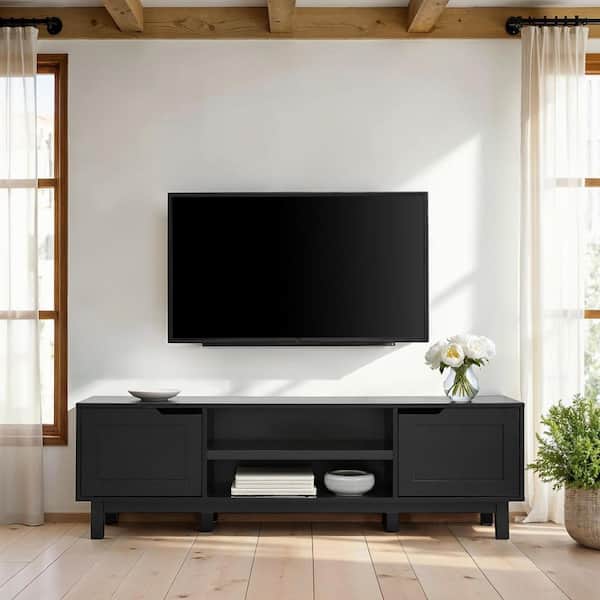 Walker Edison Furniture Company 58 in. Solid Black Modern Transitional TV Stand with 2 Doors Fits TVs up to 65 in.