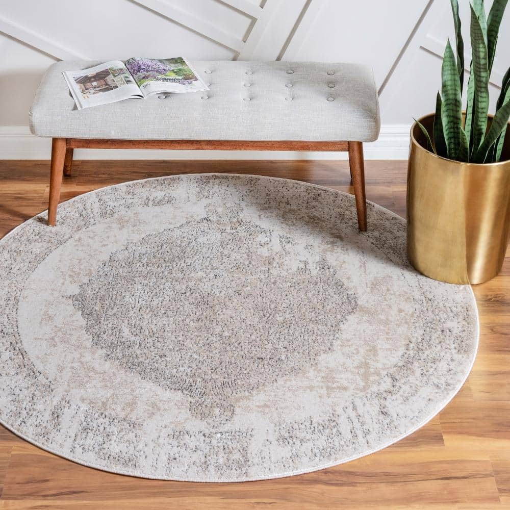 Ivory Round Polypropylene and Polyester Indoor Rug
