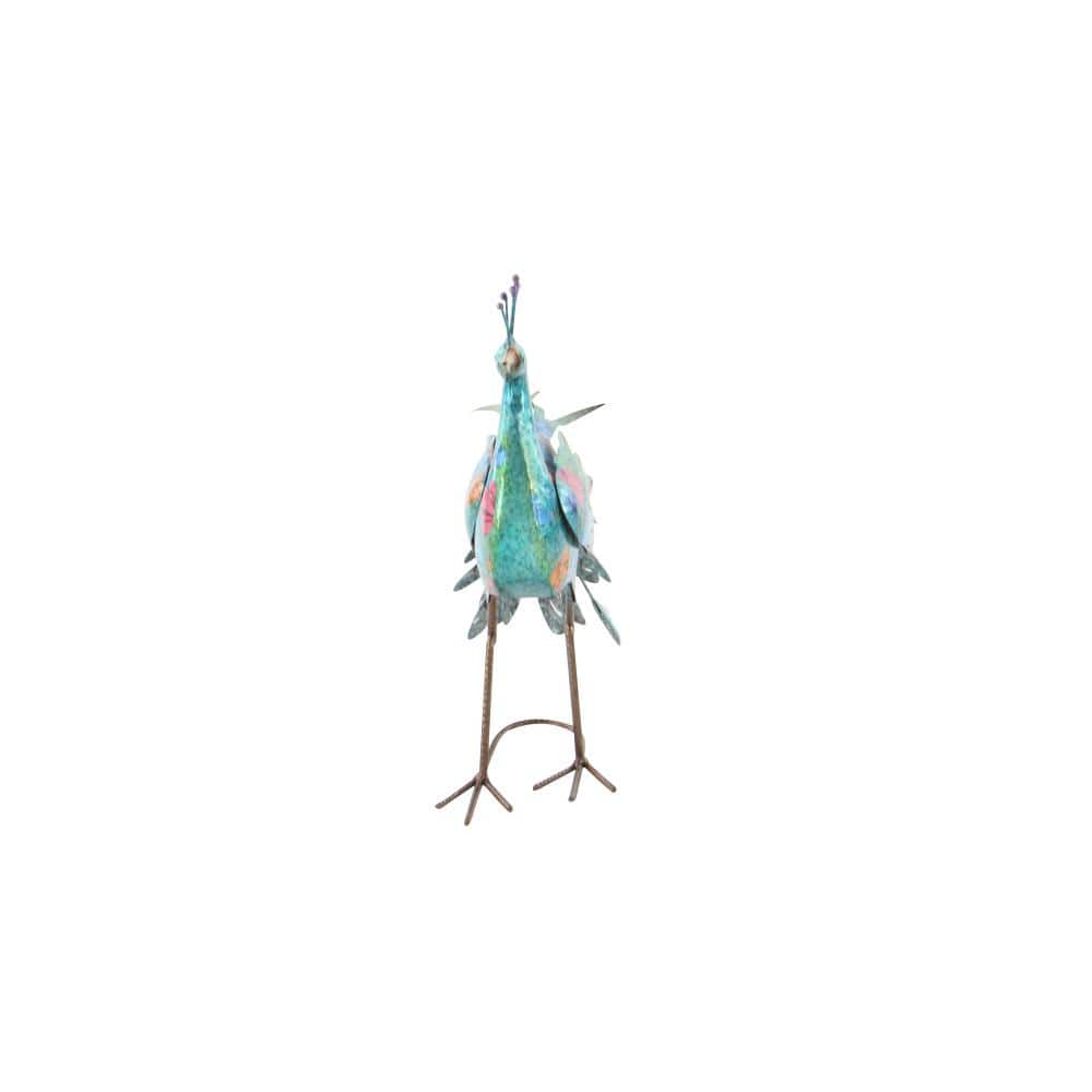 Teal and Blue Metal Peacock Garden Sculpture with Crystal Accents