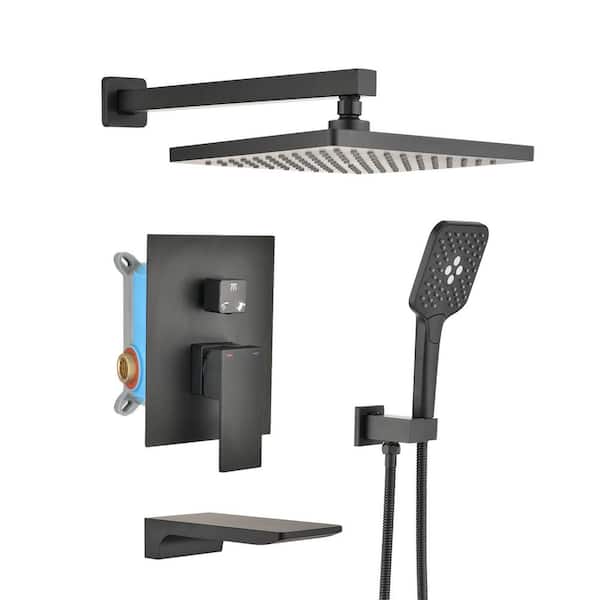 YASINU Single-Handle 4-Spray Rain Tub and Shower Faucet with Waterfall Spout 1.8 GPM in. Matte Black (Valve Included)