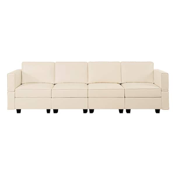 HOMESTOCK 112.6 in. W Faux Leather 4-Seater Modular Living Room Sectional Sofa for Streamlined Comfort in Beige