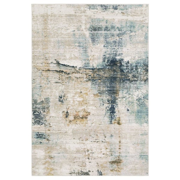 Claire Ivory/Blue 5 ft. x 8 ft. Abstract Distressed Polypropylene-Polyester Blend Indoor Area Rug