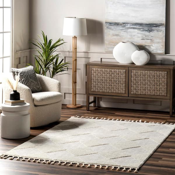 Marissa High/Low Diamond Tassel Off White 9 ft. x 12 ft. Farmhouse Area Rug