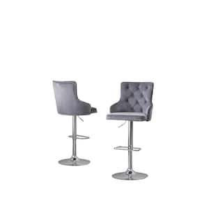 Alexa 40 in.-48 in. Dark Grey Adjustable Bar Stool Chair w/ Silver Chrome Base and Nail Head Trim (Set of 2)