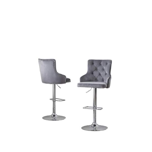 Best Quality Furniture Alexa 40 in.-48 in. Dark Grey Adjustable Bar Stool Chair w/ Silver Chrome Base and Nail Head Trim (Set of 2)