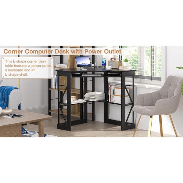 VECELO - Corner Computer Desk with Built-In Charging Station, Keyboard Tray and Storage Shelves, 41 in. Triangle Table, Black