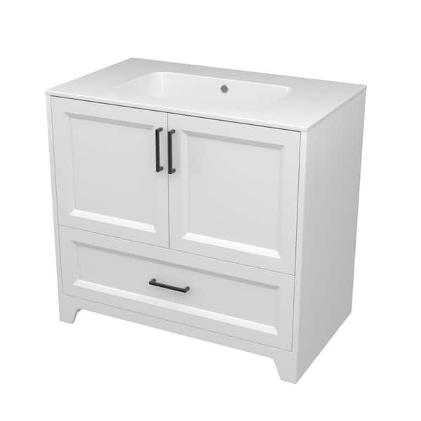 36 in. W x 22 in. D x 34 in. H Freestanding White Bath Vanity and Solid Surface Top with Basin Solid Wood Bath Cabinet