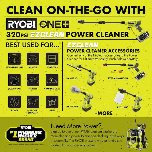 Ryobi 18v one+ 320 psi 0.8 gpm cold water cordless power cleaner with 4.0 ah battery hot sale