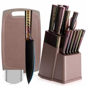 16-Piece German Stainless Steel Kitchen Knife Set with Cutting Board, Sharpener, Shears and Storage Block, Pink