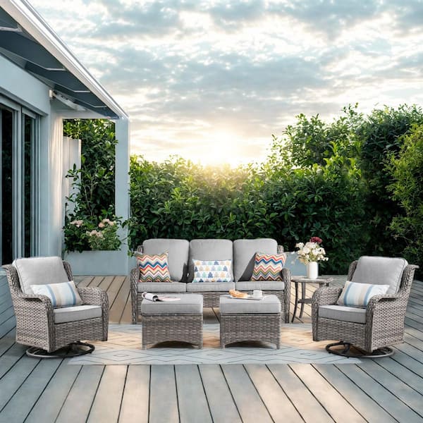 XIZZI Moonlight Gray 6-Piece Wicker Patio Conversation Seating Sofa Set with Gray Cushions and Swivel Rocking Chairs