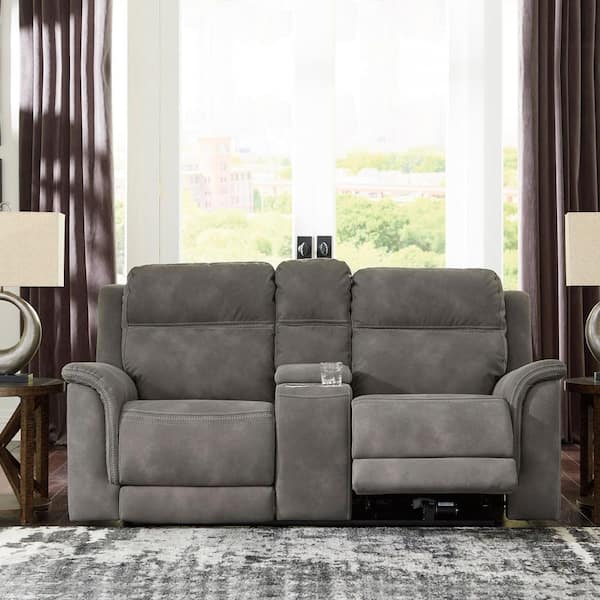 Next-Gen DuraPella 76 in. Solid Faux Leather 2-Seat Power Reclining Loveseat with Console and USB Ports in Gray