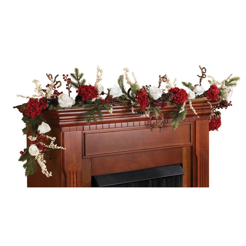 72-Inch Red and White Hydrangea Garland with Pinecones
