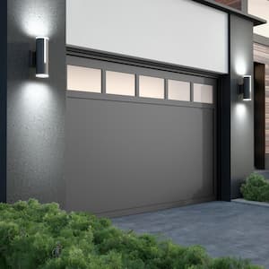 Linea Black Modern Dusk to Dawn Integrated LED Outdoor Hardwired Garage and Porch Light Cylinder Sconce