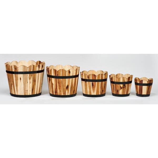 Unbranded Scalloped Acacia Wood Barrel Planters (Set of 5)