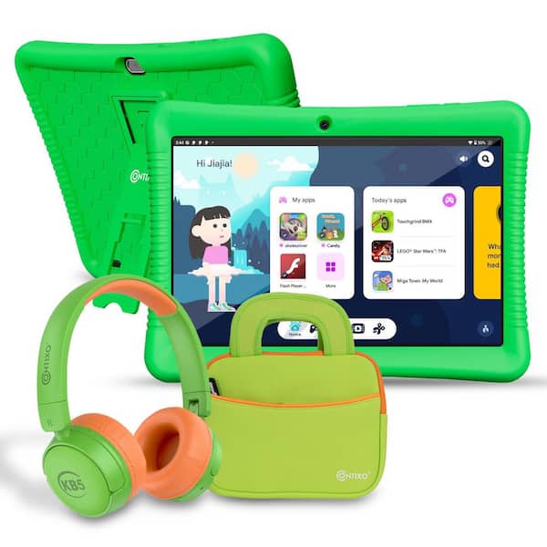 10 in. Green Kids Tablet Bundle - Bluetooth Headphones, Stylus, Kid-Proof Case with Kickstand, 32 GB Storage