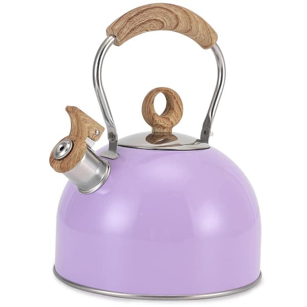2.6 Quart Pink Whistling Tea Kettle with Stainless Steel Body, Wood-Pattern Handle, Loud Whistle, Induction Ready