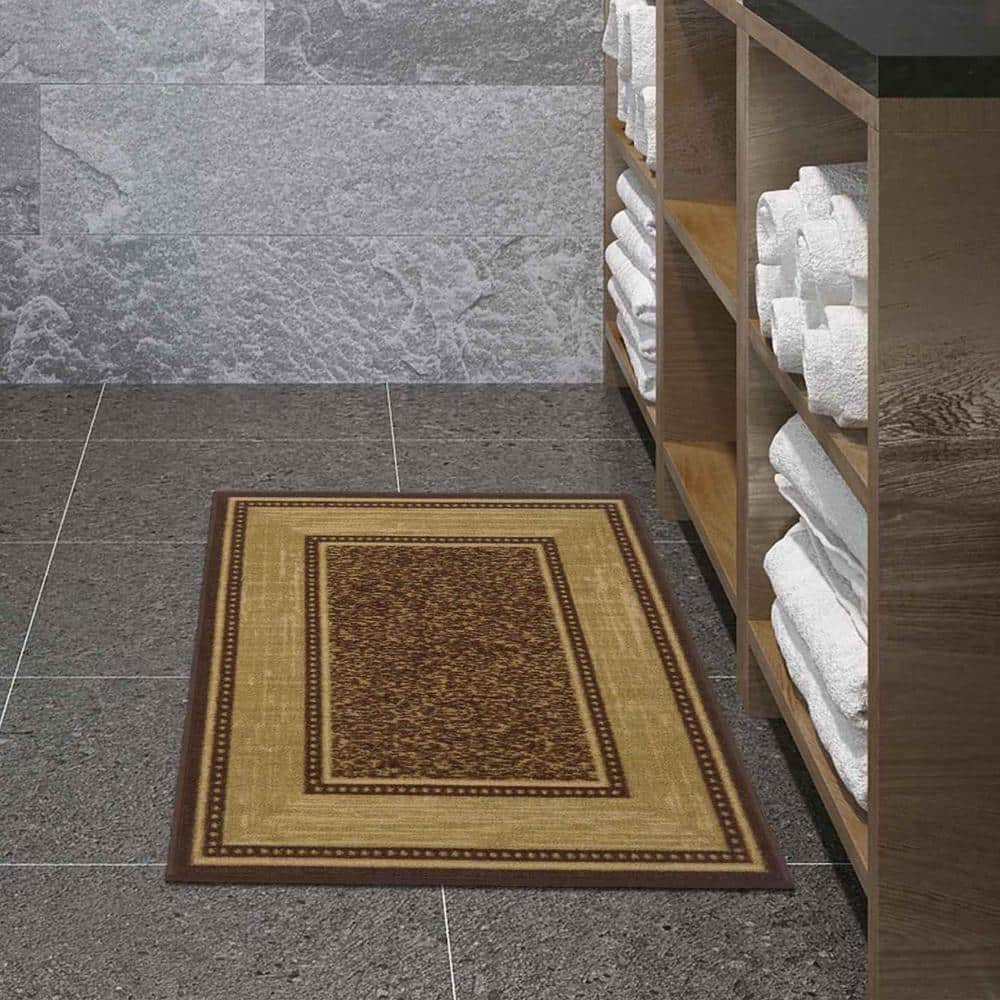 Machine Washable Non-Slip Brown and Beige Synthetic Area Rug