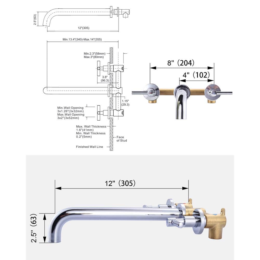 Chrome Double Handle Wall Mounted Tub Faucet