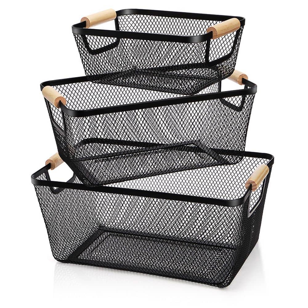 Black 14.3 in x 6.7 in Metal Decorative Basket, (3-piece set). With wooden handles，Fruit and Vegetable Storage price history on PriceWatchPro