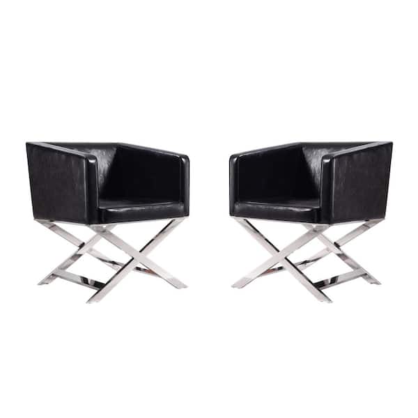 Manhattan Comfort Hollywood Contemporary Black and Polished Chrome Faux Leather Upholstered Lounge Accent Arm Chair (Set of 2)