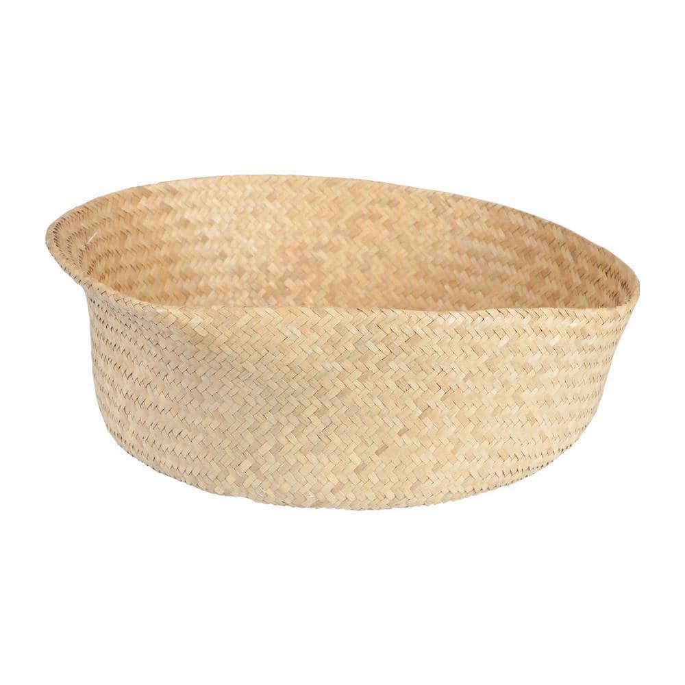 Natural Seagrass Round Collapsible Storage Basket with Handles