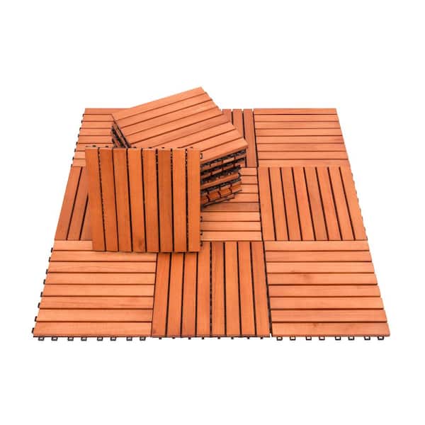 Afoxsos 11 in. x 11 in. Square 100% Eucalyptus Wood 8-Slat Interlocking Deck Tile in Brown (Set of 10 Tiles)