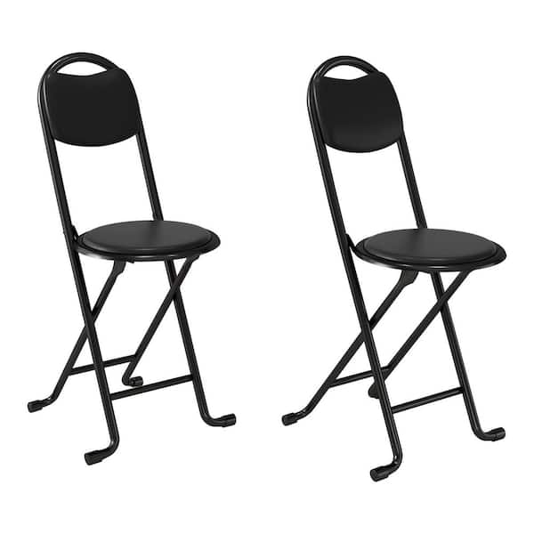 2-Piece Black Folding Stool with Back and Cushion for Outdoor Indoor