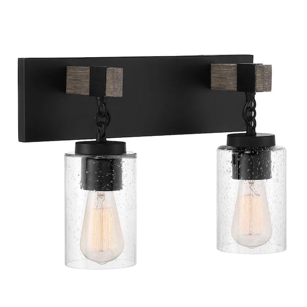 Fulton 15.5 in. 2-Light Matte Black Industrial Vanity Light with Clear Seedy Glass Shades