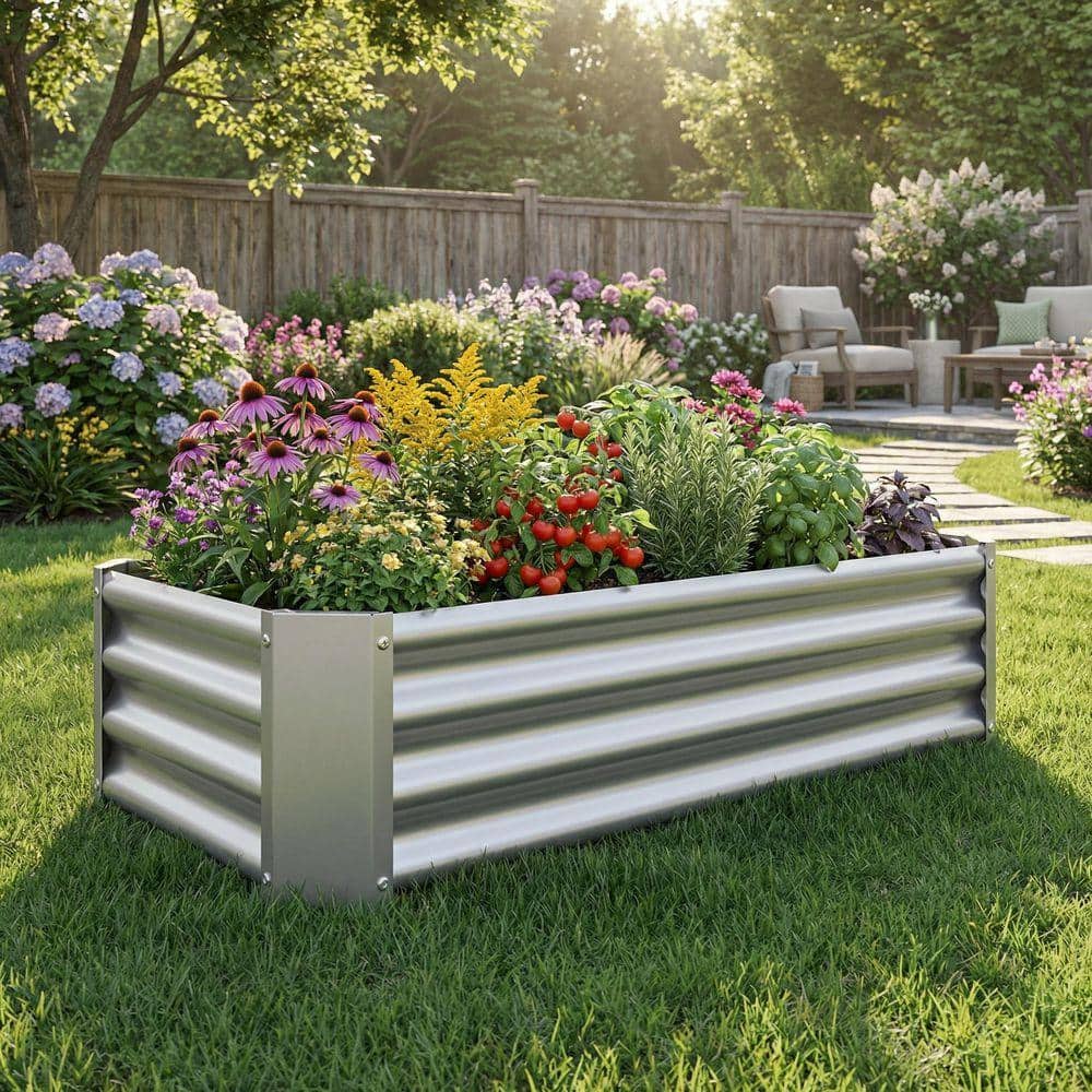 Silver Galvanized Steel Raised Garden Bed, Rectangle Planter Box