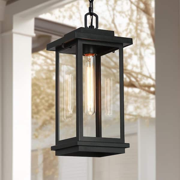 LNC Modern 15 in. 1-Light Black Dimmable Outdoor Pendant Light with Clear Glass Shade, Porch Hanging Lantern, LED Compatible