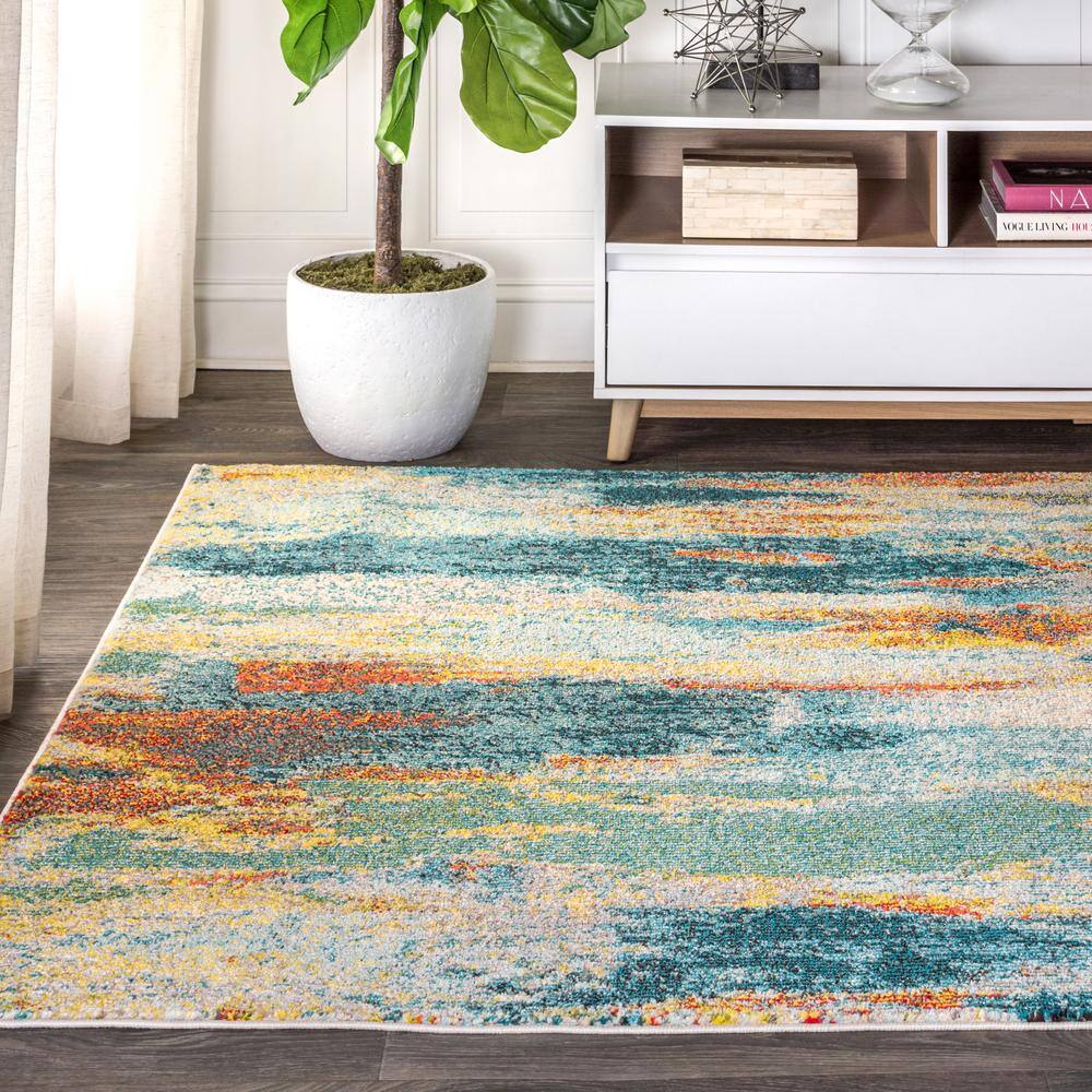 Blue Cream Yellow Abstract Rectangular Synthetic Area Rug