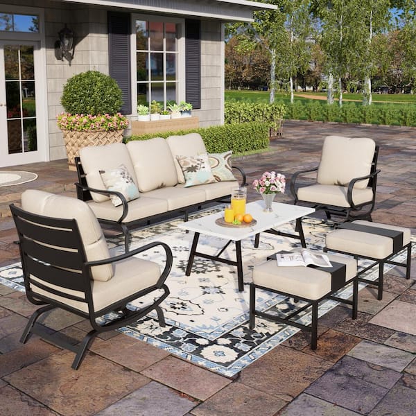 PHI VILLA Black Slatted 7-Seat 6-Piece Metal Outdoor Patio Conversation Set with Beige Cushions and Table with Marble Pattern Top