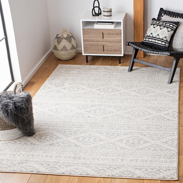 Tulum Ivory/Light Gray 7 ft. x 7 ft. Square Tribal Geometric Striped Area Rug