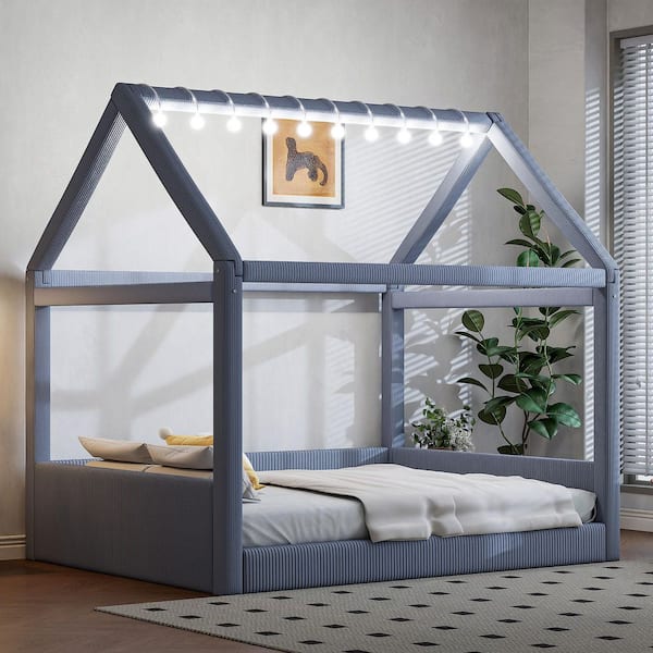 Grey Full Size Upholstered Daybed with House Style Design and LED Light Strips