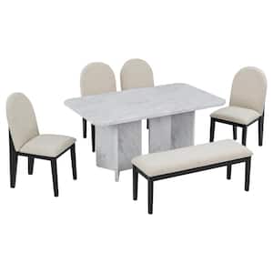 White 6-Piece Rectangle Dining Table with 4 Chairs and 1 Bench